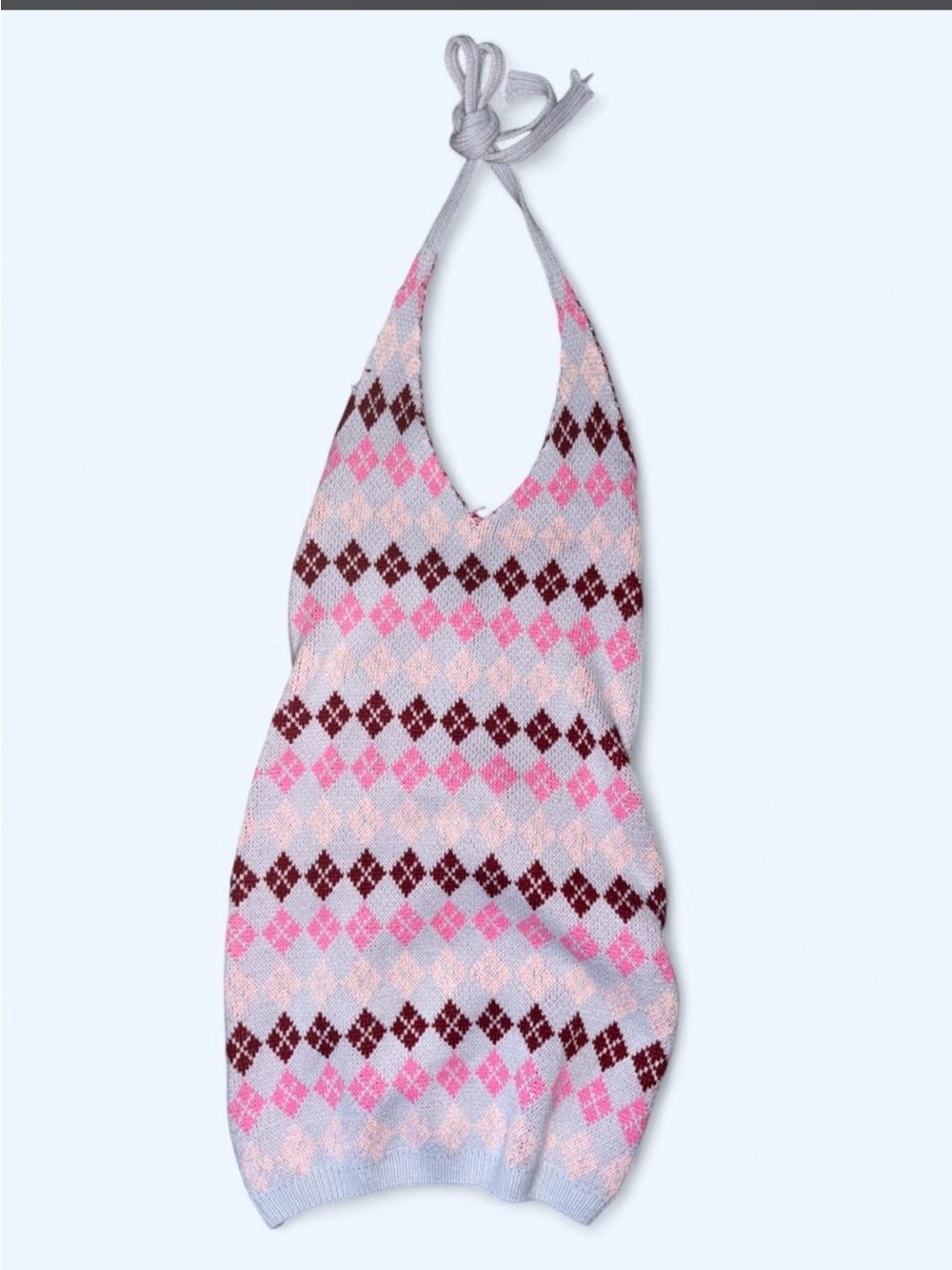 Princess Polly Pink & Light Blue Argyle Halter Knit Top